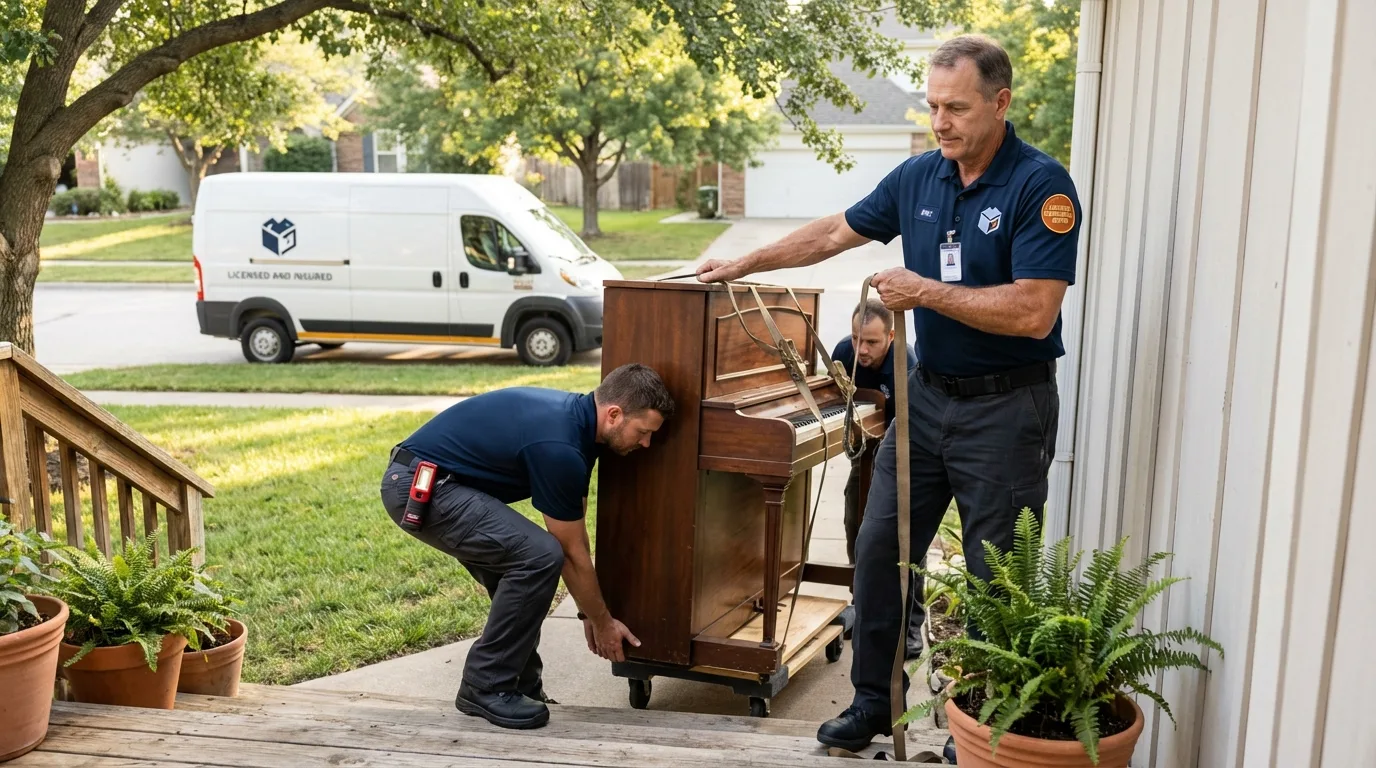 Licensed piano movers securing grand piano in Palmyra, NJ