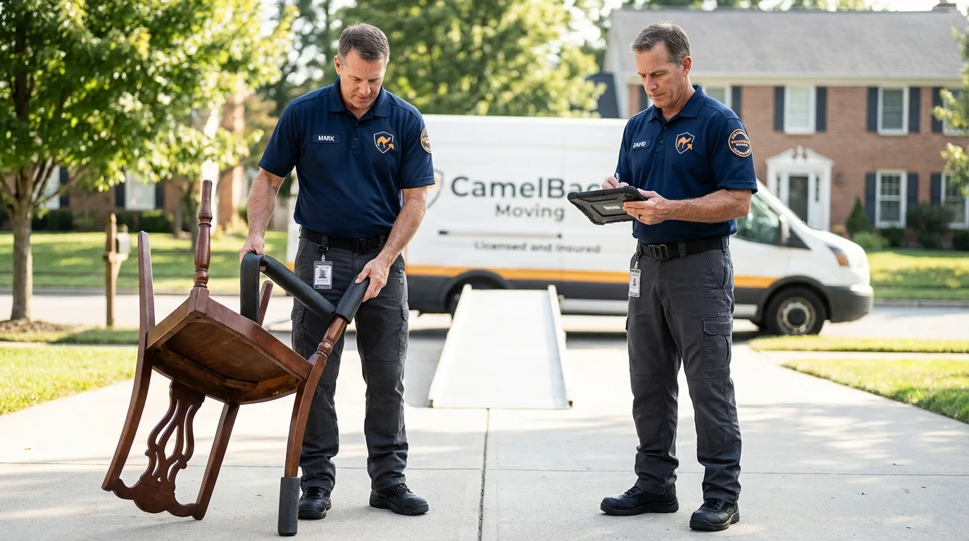 Movers inspecting furniture for damage prevention before loading in Palmyra, NJ
