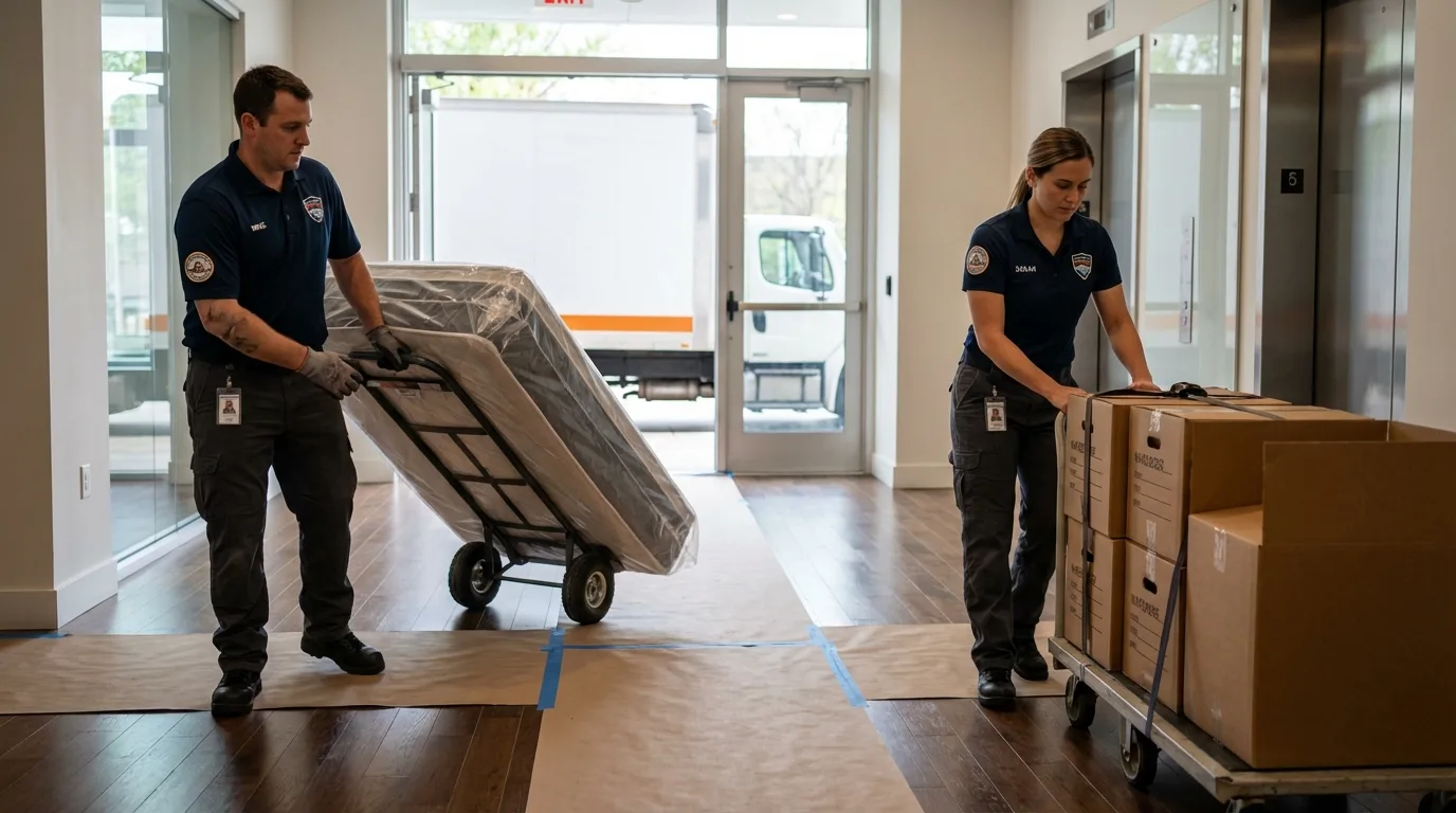 Professional apartment movers loading elevator in Palmyra, NJ